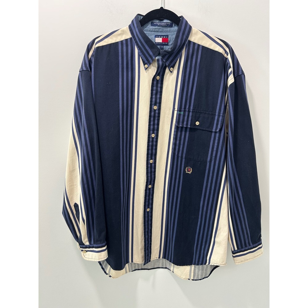 Tommy Hilfiger Vintage 90s Striped Button Down Shirt Mens Large Navy Blue Cream
